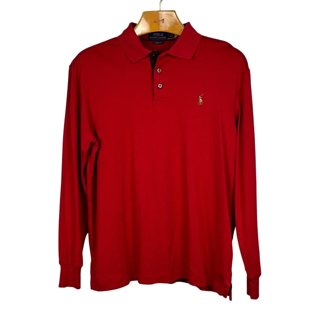 Polo Ralph Lauren Red‎ Long Sleeve Polo Shirt Mens M Classic Fit Multicolor Pony